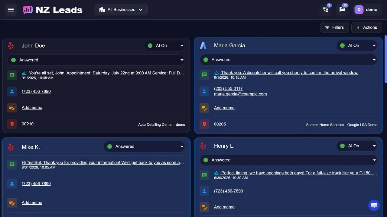AI Lead Responder. NZ Leads demo dashboard showing incoming leads, AI status, reply previews, and lead outcomes.