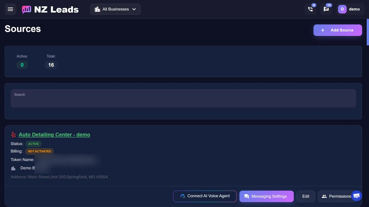 AI Lead Response for Yelp, Thumbtack and More. NZ Leads demo Sources page showing a connected service-business lead source and its automation controls.