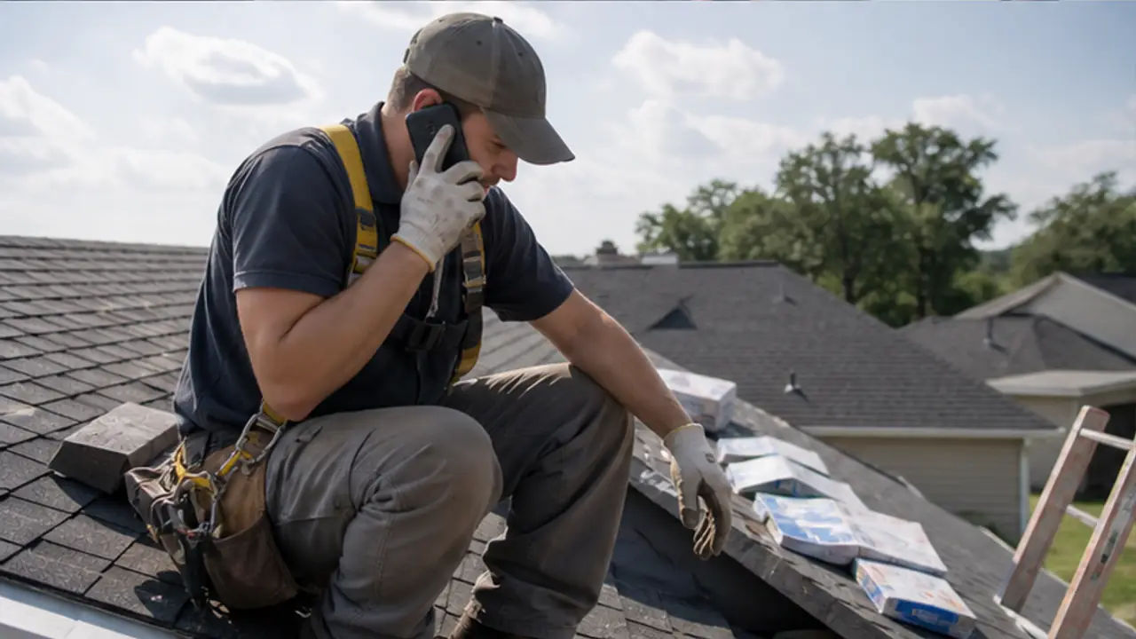 AI Receptionist for Roofing Contractors. roofing contractor handling a new customer inquiry near a residential project.