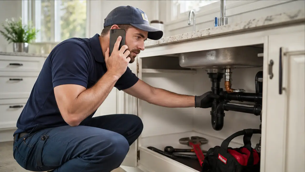 AI Voice Agent for Plumbing Emergency Calls. plumbing professional handling a residential service request.