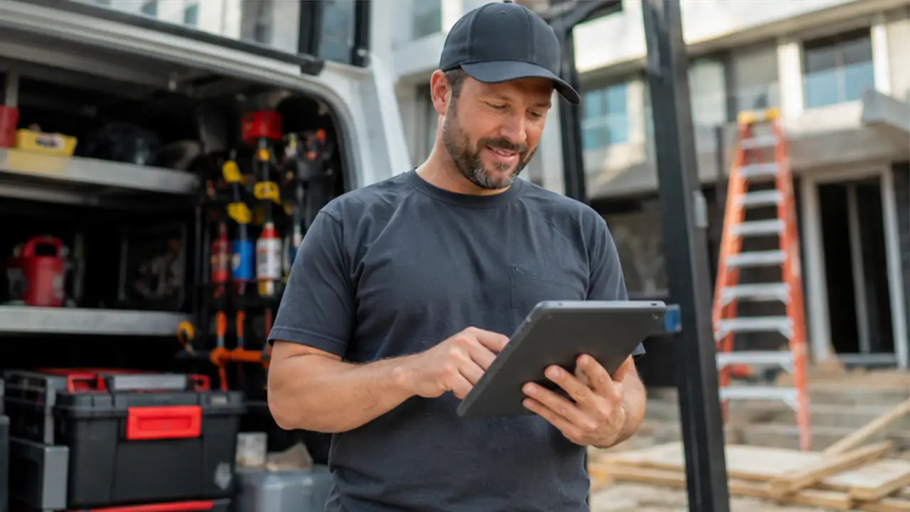 Best Lead Response Software for Contractors in 2026. field-service contractor reviewing a customer inquiry at a job site.