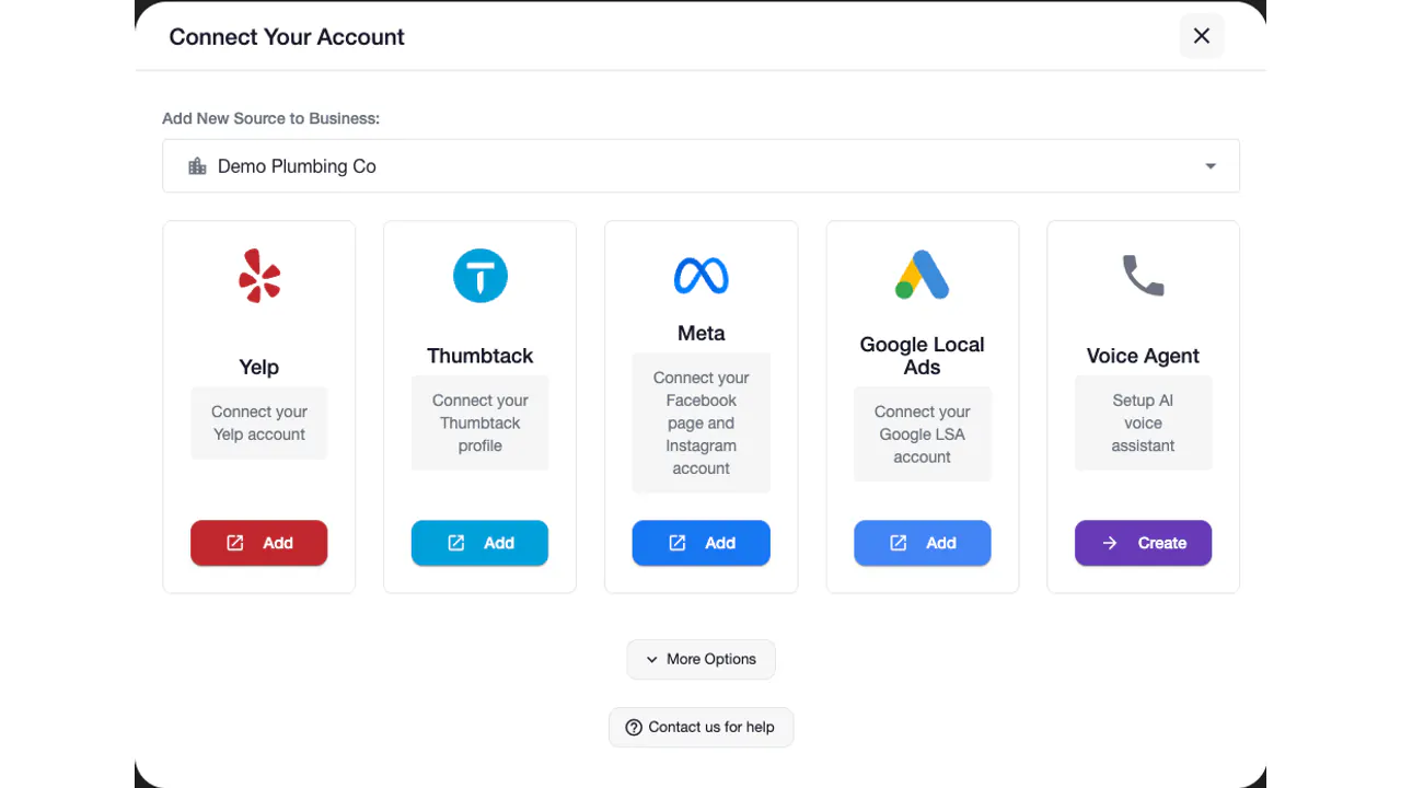 NZ Leads Connect Your Account screen with Yelp, Thumbtack, Meta, Google Local Ads and Voice Agent options