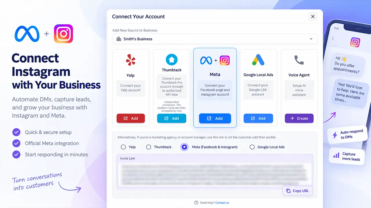 NZ Leads makes it easy to connect Instagram and Meta to the platform, enabling automated DM responses, lead capture and streamlined customer communication from one SaaS dashboard.