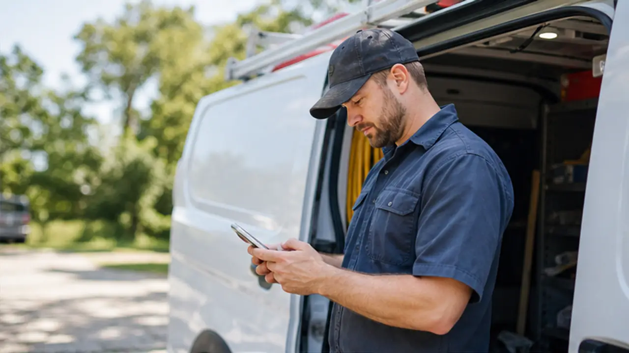 How to Respond to Leads While on a Job Site. field-service contractor reviewing a customer inquiry at a job site.