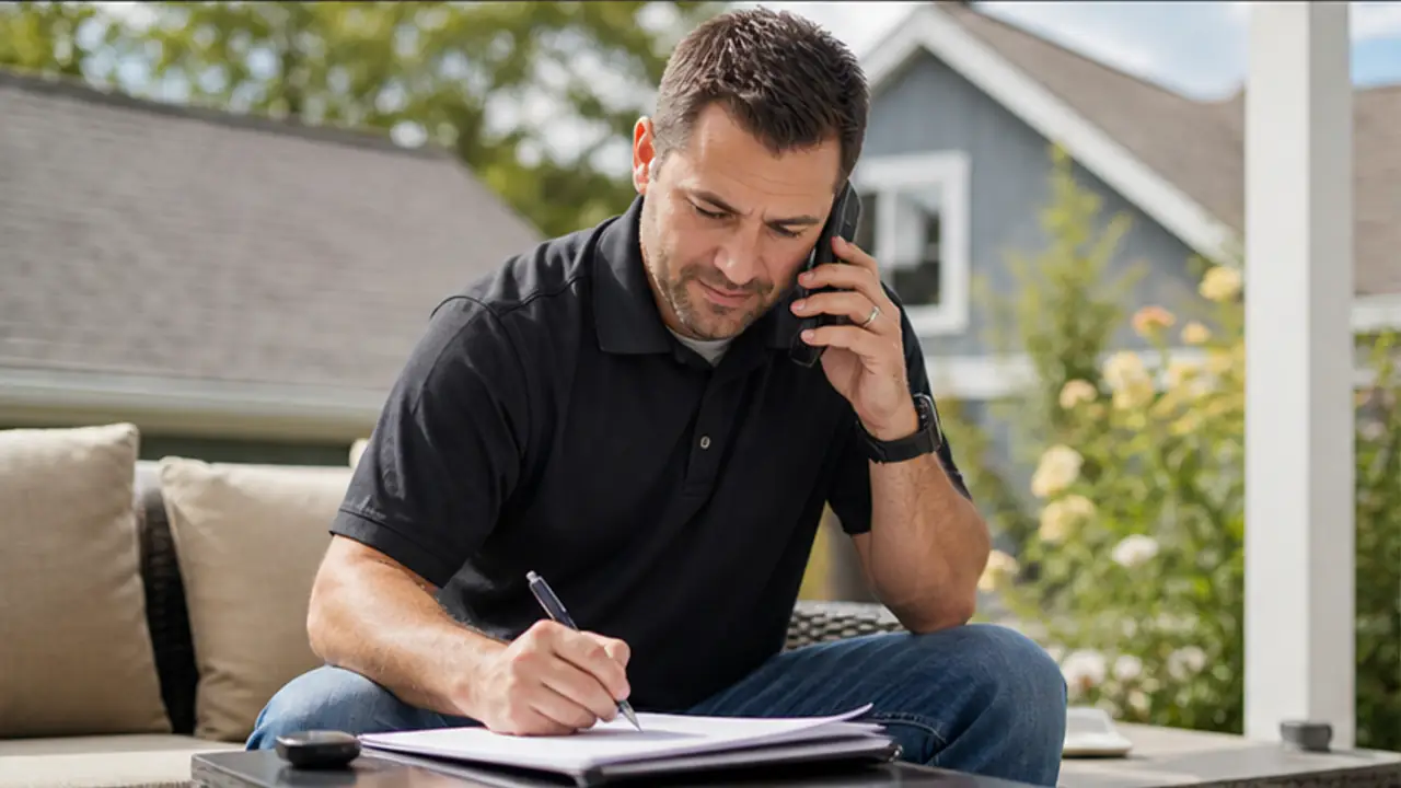 Roofing Lead Follow-Up: Why Storm Leads Go to the Fastest Responder. roofing contractor handling a new customer inquiry near a residential project.