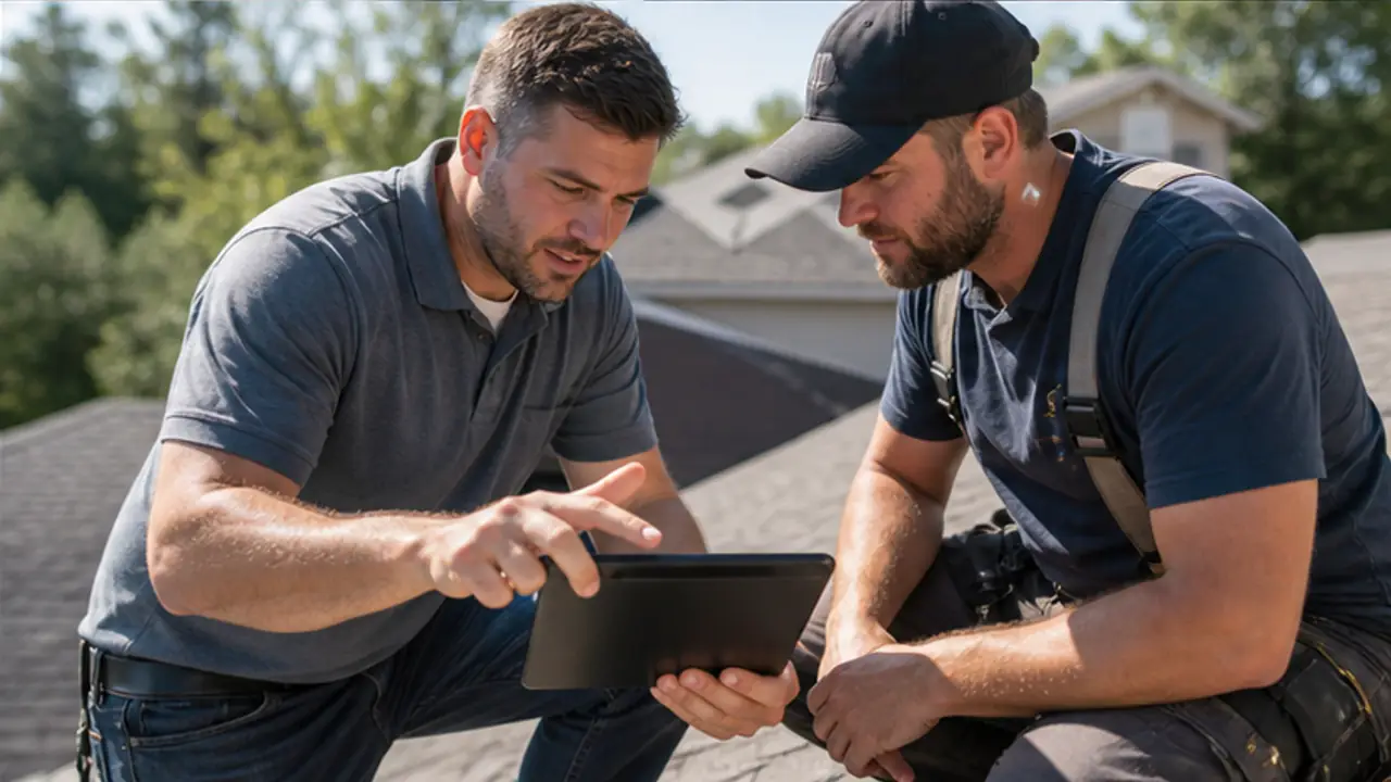Thumbtack AI for Roofing Contractors. roofing contractor handling a new customer inquiry near a residential project.